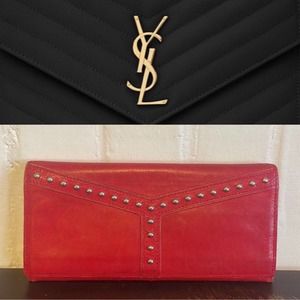 YSL red leather long wallet with silver studs
